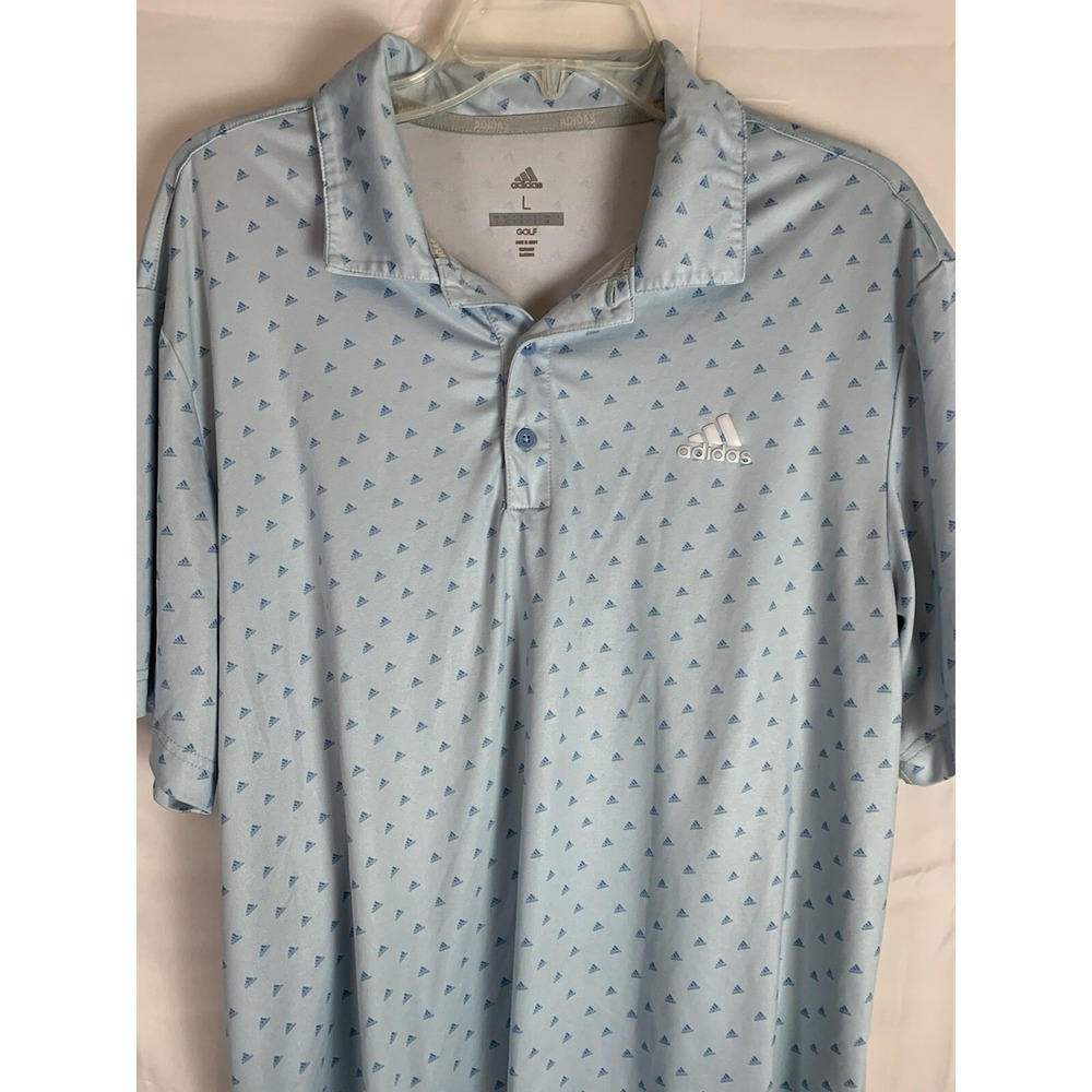 Adidas Mens Golf Polo Shirt Large Blue Short Sleeve All Over‎ Print